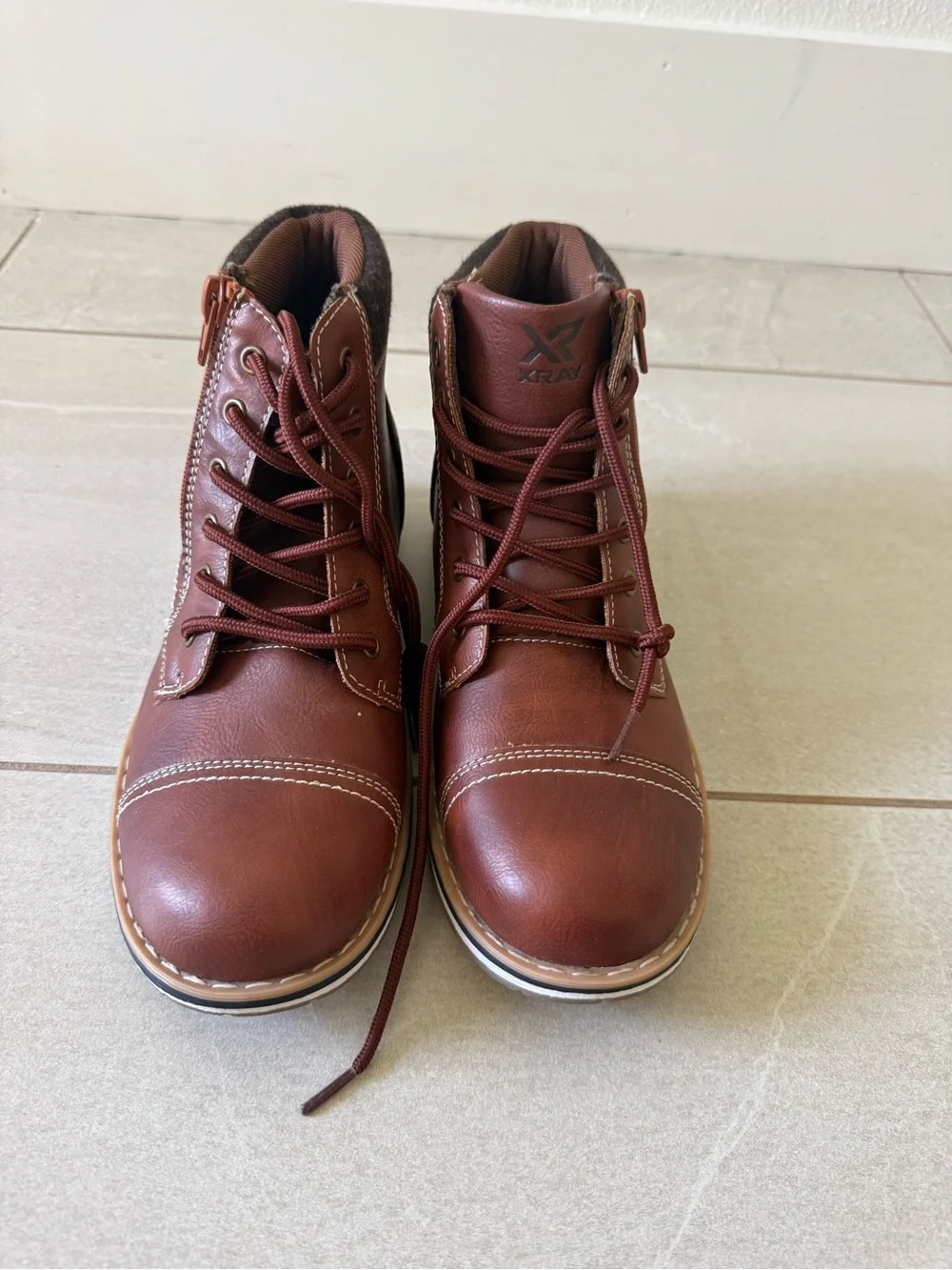 XRAY Boys Brown Combat Boots Side Zip Youth Size 7 NWOB